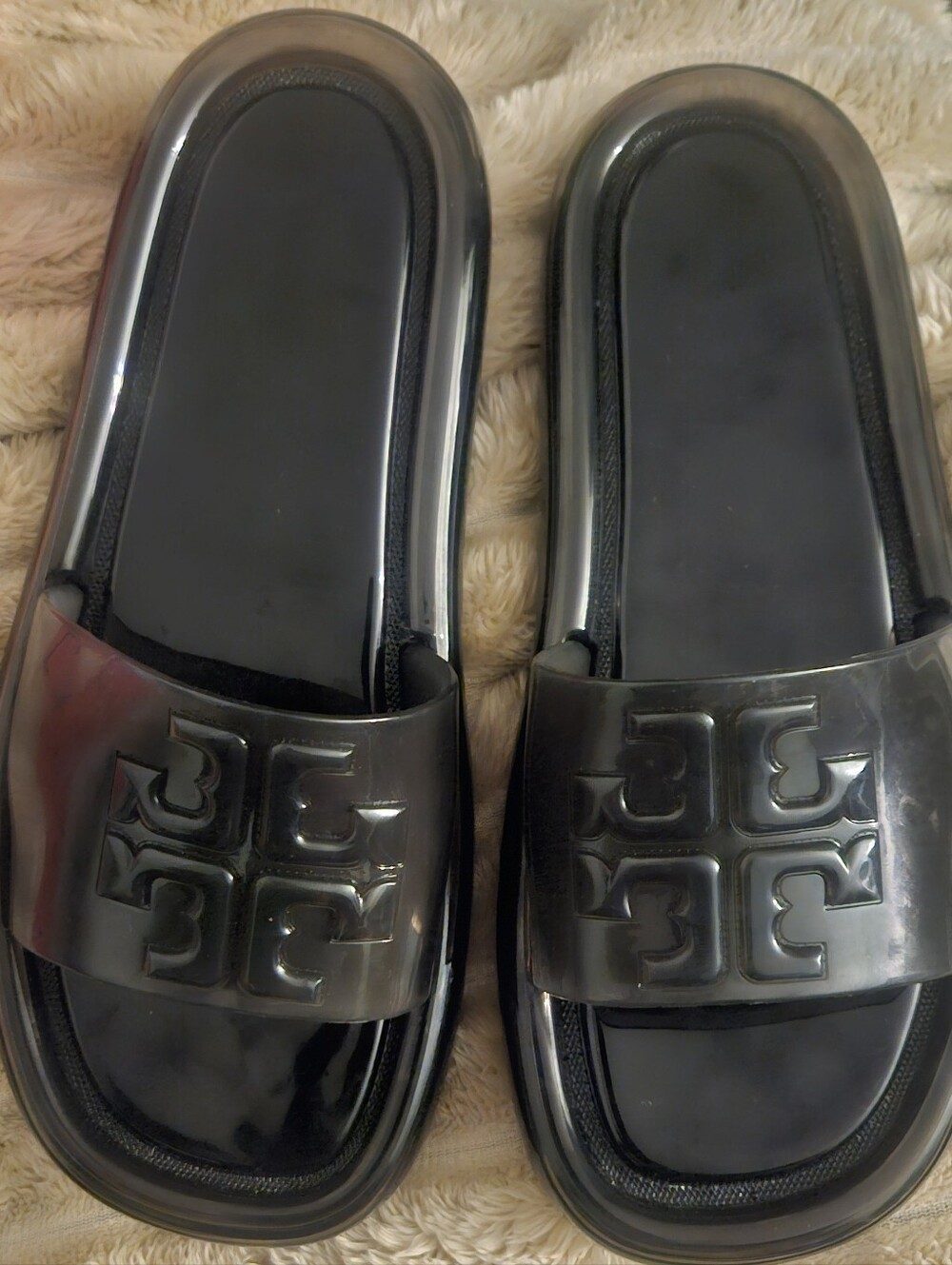 Tory Burch  Jelly Black Logo Slide Sandals - Embossed Double-T Logo
